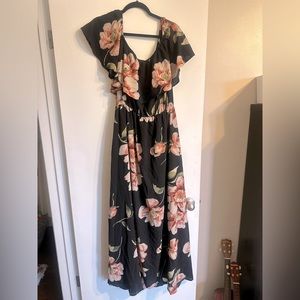 Floral Black and Pink Off the Shoulder Maxi Dress flowy sleeves